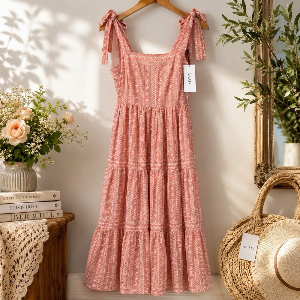 AKAIV Womens Small NWT Smocked Maxi Dress Pink‎ Tie Strap Tiered Boho Sundress